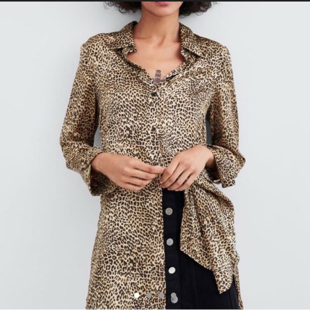 Zara long Leopard Print Button-Up Blouse